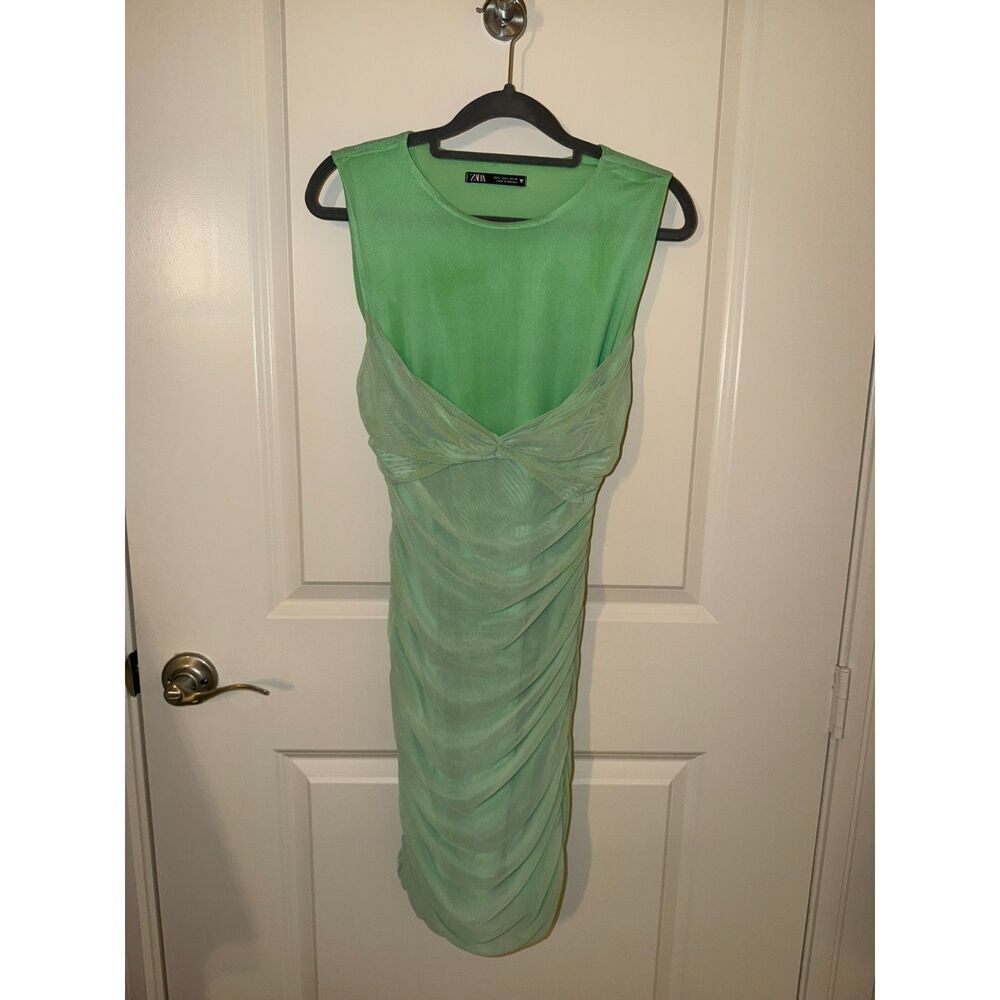 ZARA Women’s Green Draped Ruched Midi Dress Size L Sleeveless Made in Romania